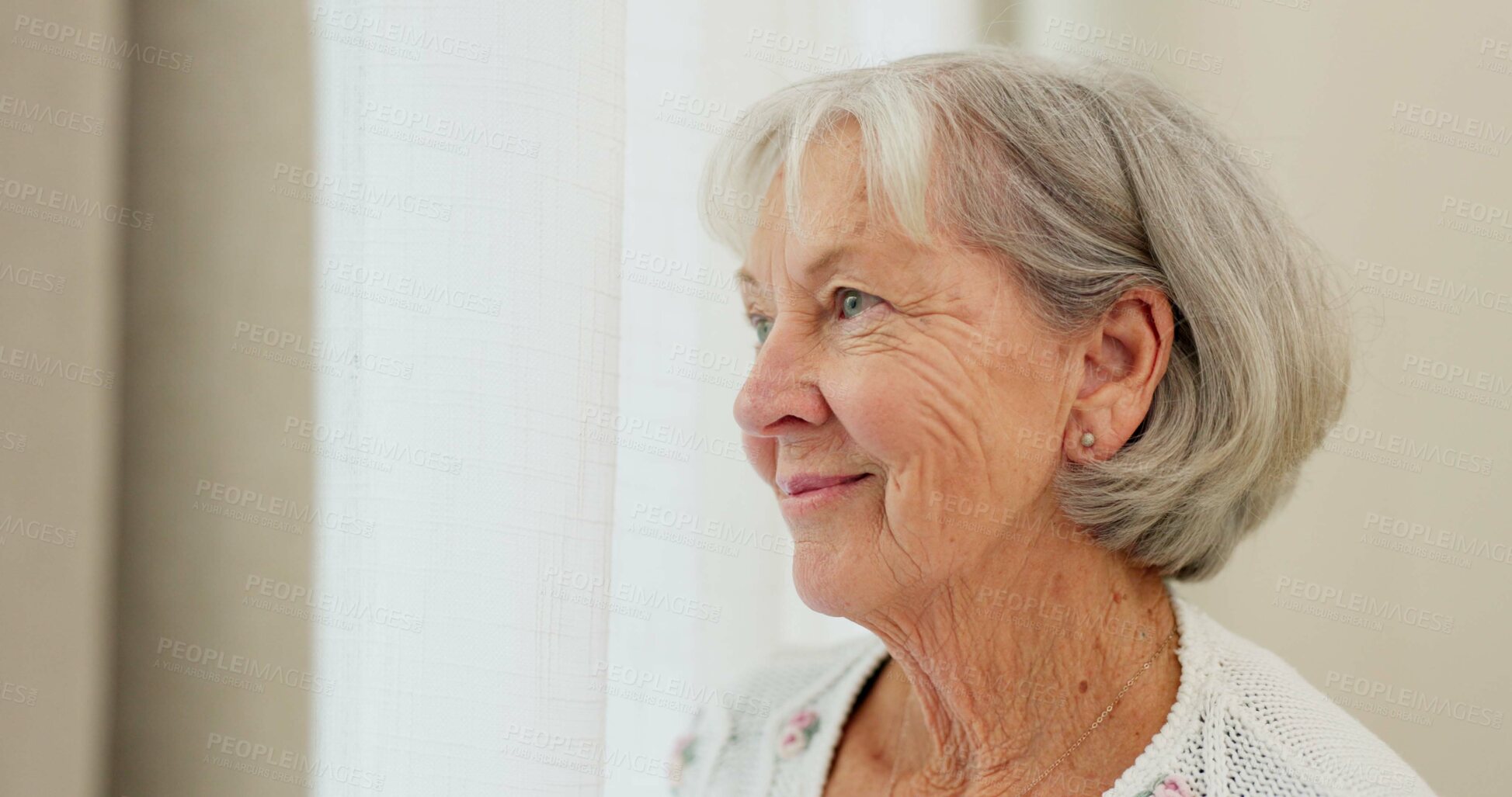 Buy stock photo Face, thinking or nostalgia and a senior woman in a nursing home with a happy memory of the past. Smile, relax and retirement with an elderly resident remembering life in an assisted living house