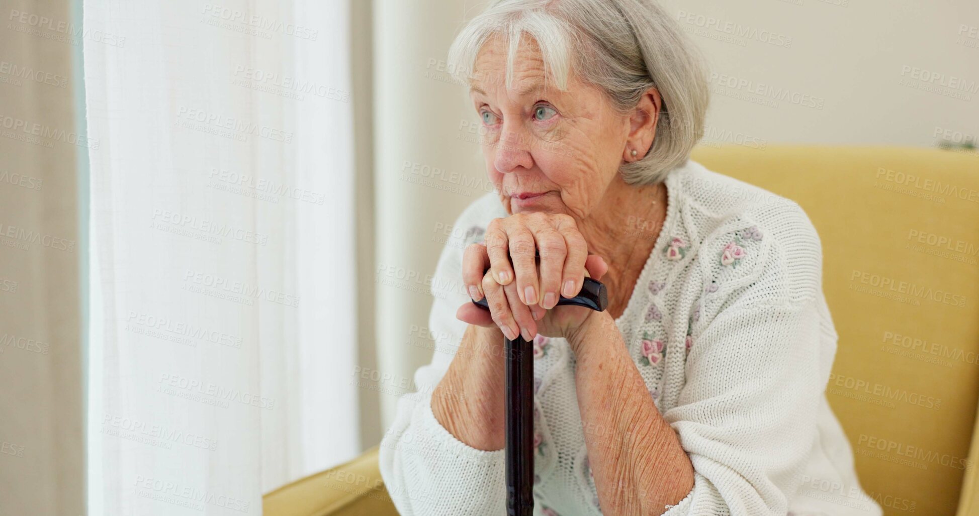 Buy stock photo Senior woman, cane and thinking on home sofa to remember memory and relax in retirement. Serious and sad elderly person or old lady with a disability at nursing facility with Alzheimer and depression