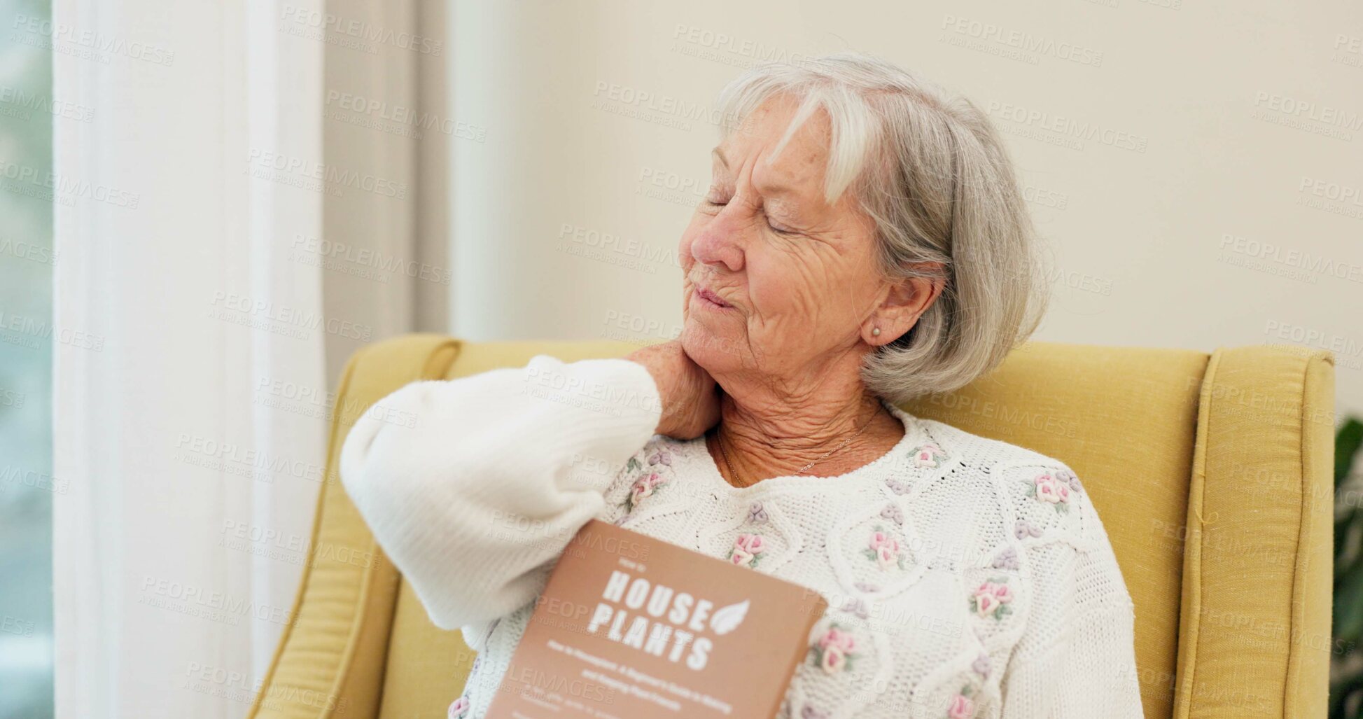 Buy stock photo Senior, woman and neck pain on a sofa with arthritis, discomfort and fibromyalgia in her home. Shoulder, stress and elderly female in a living room with muscle crisis, inflammation or posture fail