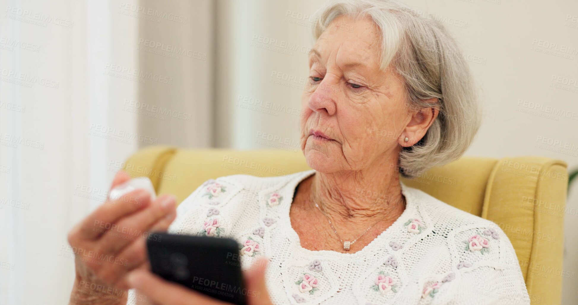 Buy stock photo Research, pills and senior woman with phone to check for information on medication and typing online search about medicine . Elderly person, medication and reading about pharma drugs on smartphone