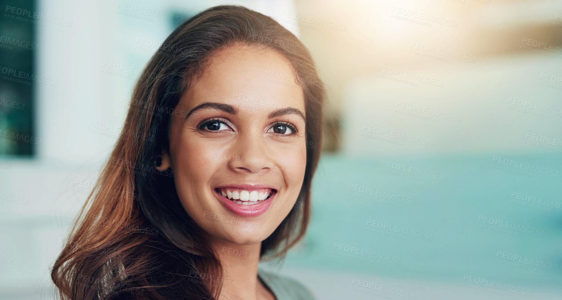 Buy stock photo Happy, portrait and gen z business woman at startup for job application, recruitment or model agency photoshoot. Face, lens flare and photography, audition or smile for headshot portfolio in Spain