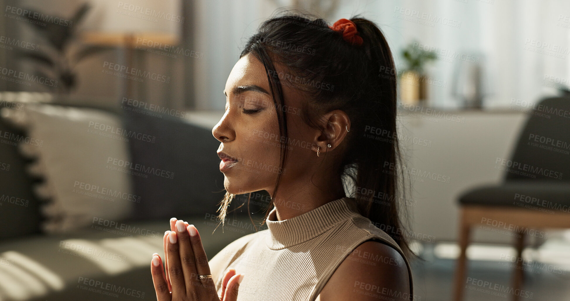 Buy stock photo Woman, yoga and meditation on floor, namaste and peace for chakra, relax or breathe in home living room. Girl, faith and spiritual balance for pilates workout, wellness or fitness for zen mindfulness