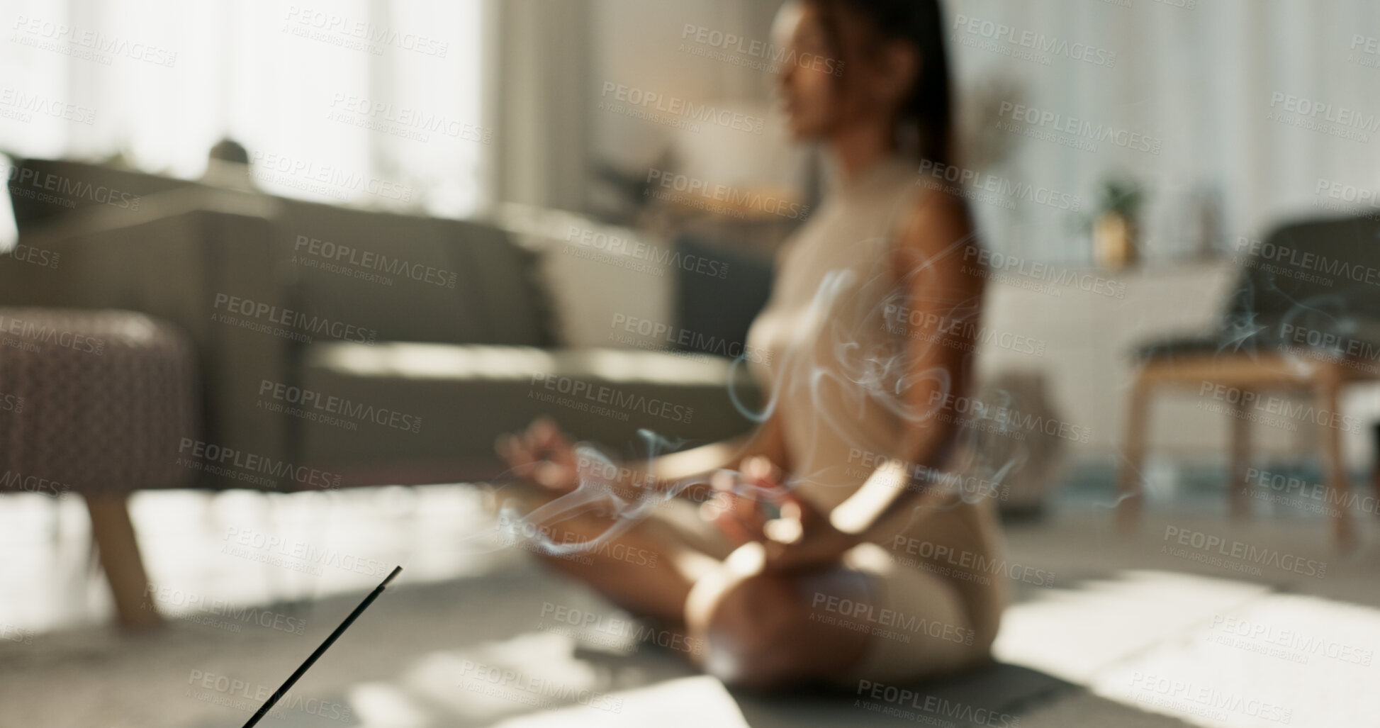 Buy stock photo Woman, yoga and incense on floor, lotus or peace for chakra balance, relax or breath in home living room. Girl, meditation or spiritual with zen, smoke or workout for wellness, fitness or mindfulness