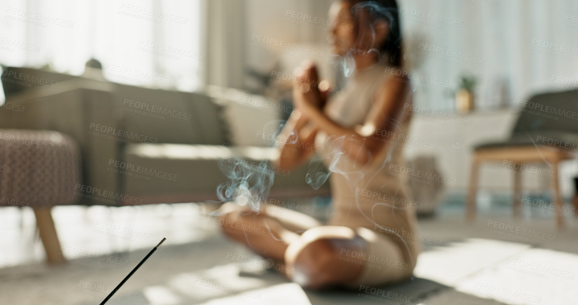 Buy stock photo Woman, yoga and incense on floor, meditation or peace for chakra balance, relax and breathing in home living room. Girl, meditate or spiritual with smoke, workout and wellness for zen mindfulness