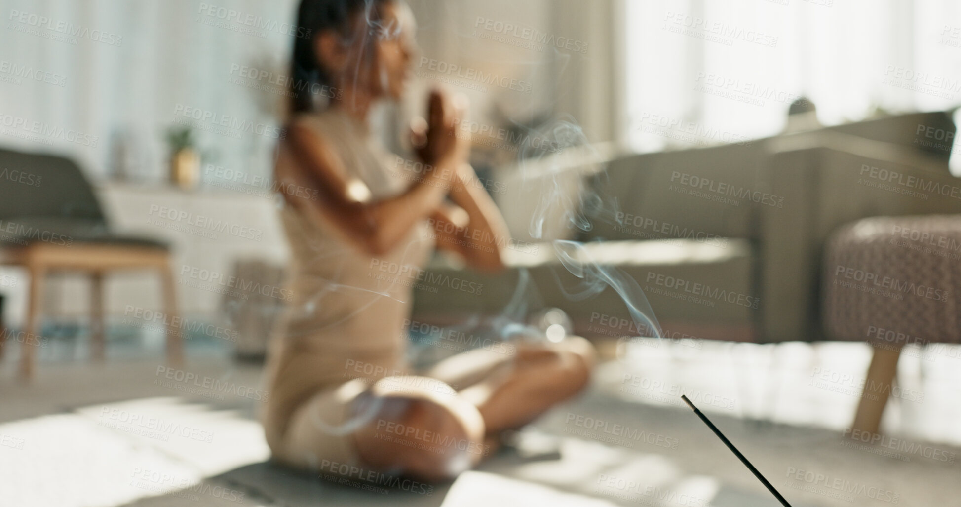 Buy stock photo Woman, yoga and incense with lotus pose on living room floor for zen, mental health and wellness in house. Indian, person or breath with praying hands for chakra training, relax or home in meditation