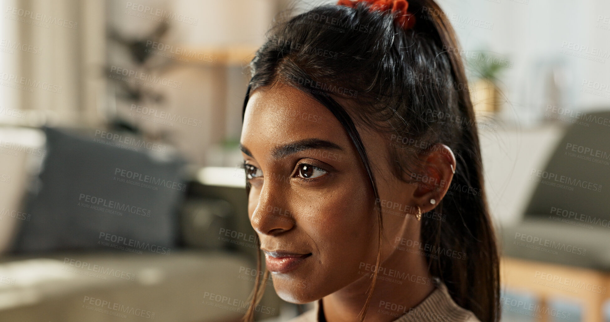 Buy stock photo Thinking, idea and young woman in apartment for reflection, memory or dreaming in the living room. Brainstorming, planning and Indian female person with decision face relaxing in the lounge at home.