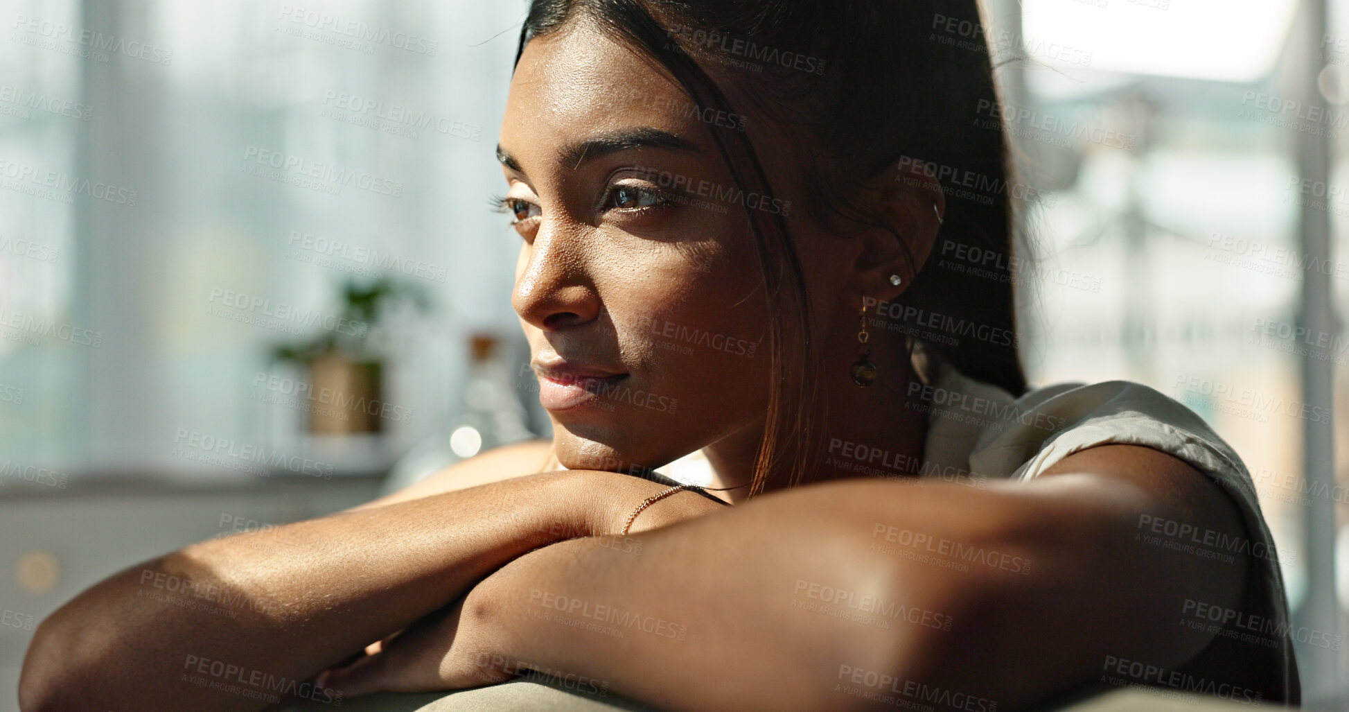 Buy stock photo Thinking, idea and young woman on a sofa relaxing with a memory or reflection in living room. Brainstorming, planning and Indian female person with doubt chilling in the lounge of modern apartment.