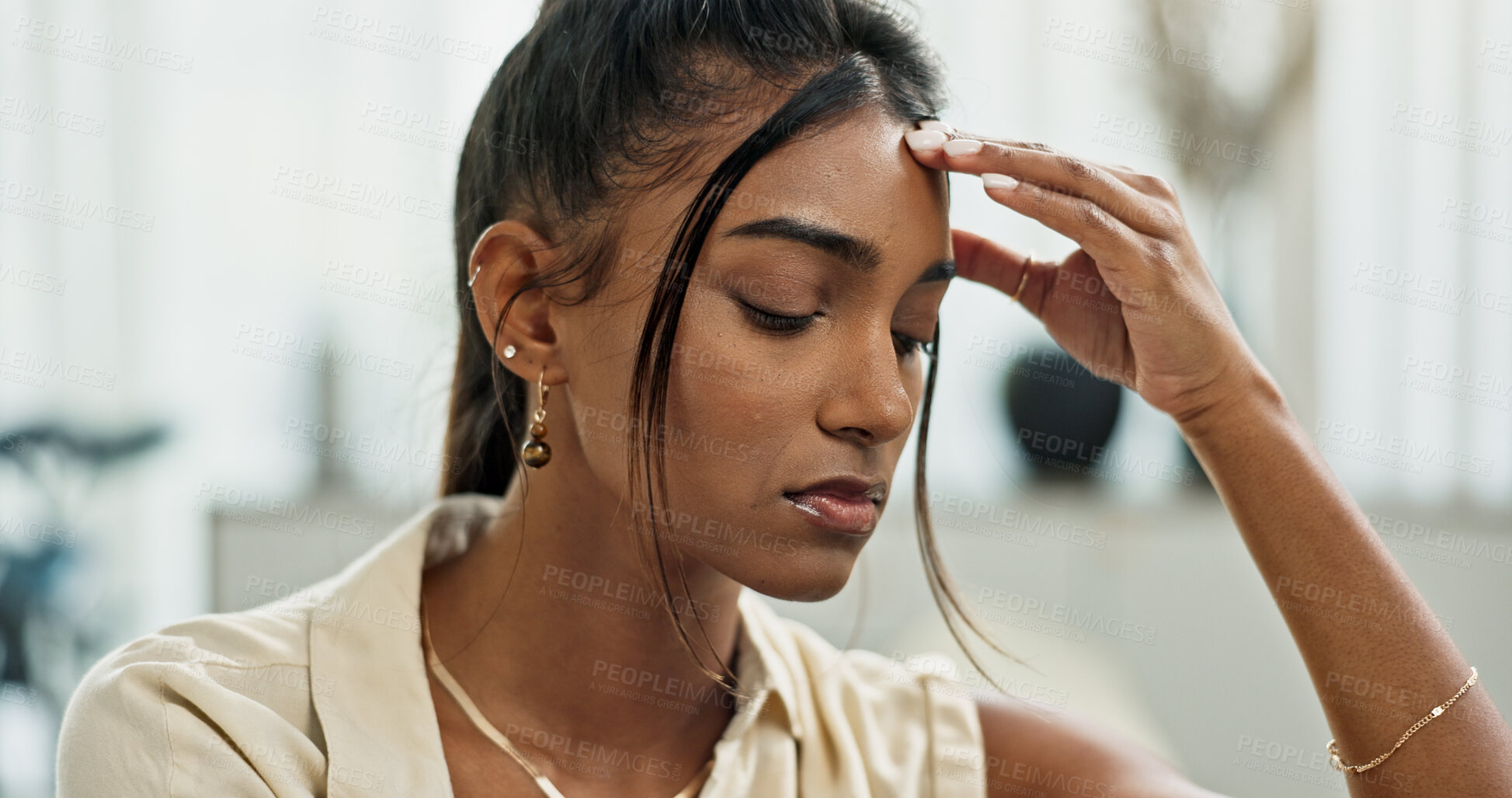 Buy stock photo Face, woman and headache in home of pain, mental health and anxiety of debt, challenge or mistake. Stress, tired and upset with indian girl with trauma, broken heart or frustrated with fatigue