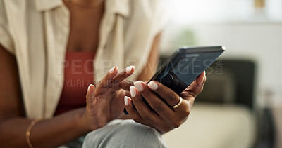 Woman, hands and phone for typing in home, reading social media notification or update online subscription. Closeup, smartphone app or download mobile games, search digital network or chat to contact
