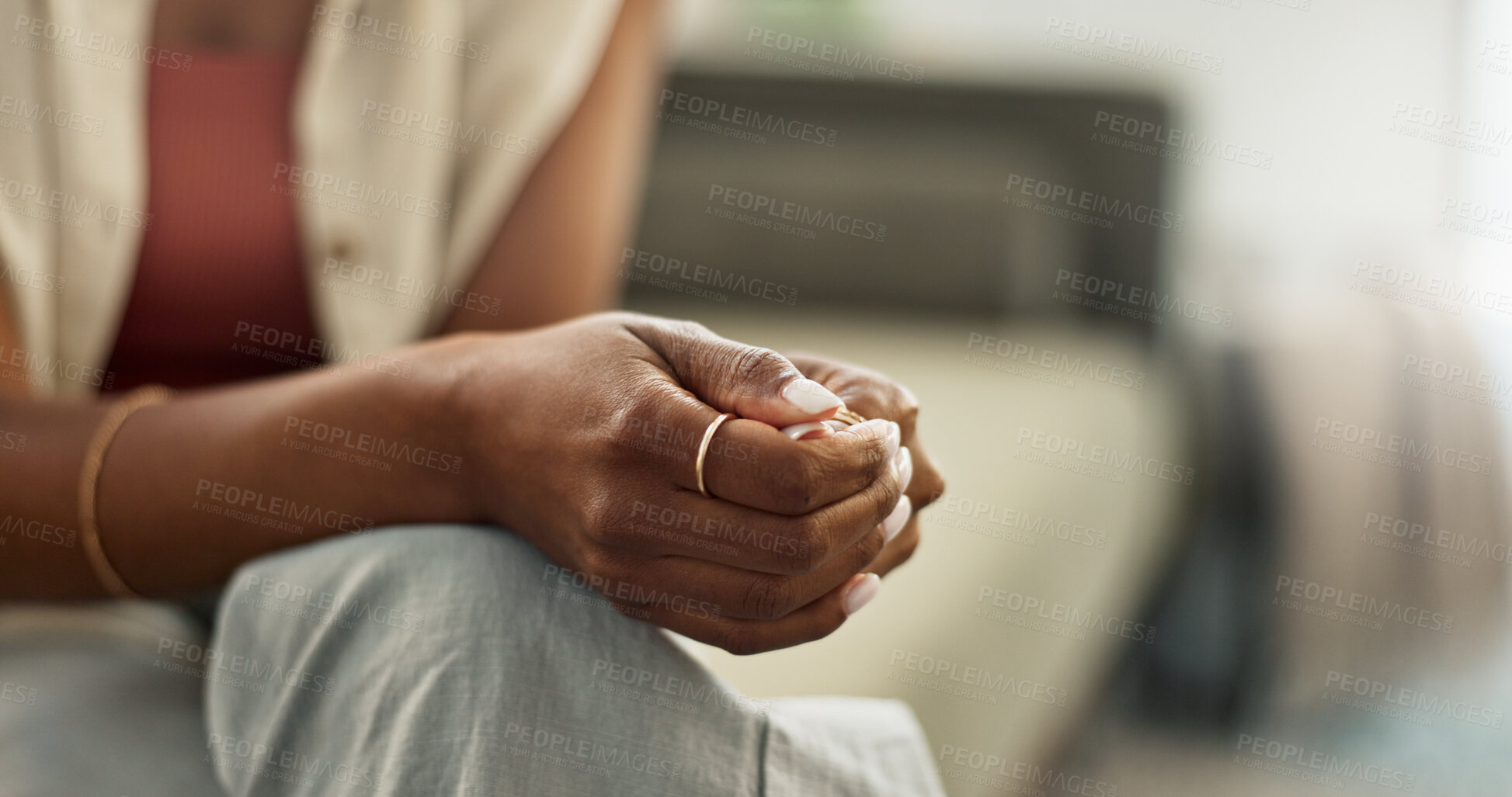 Buy stock photo Anxiety, hands and closeup of woman on a sofa with fear, worry or mental health crisis at home. Stress, zoom and female person in living room with conflict trauma, ptsd or disaster, mistake or abuse