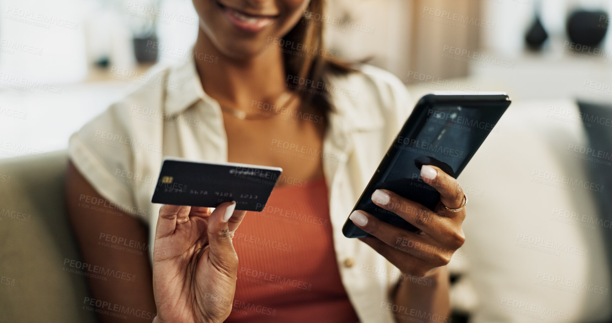 Buy stock photo Hands, credit card and phone for closeup, person or reading with cybersecurity, fintech app or bank info in home. Woman, smartphone and payment for password, budget and discount on e commerce website