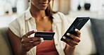 Hands, credit card and phone for closeup, home and woman with cybersecurity, fintech app and banking info. Girl, smartphone and payment for customer experience, budget or sales on e commerce website