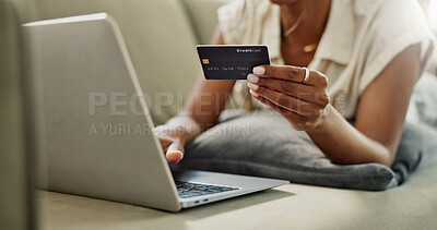 Buy stock photo Credit Card, laptop and hands of woman online shopping for discount deal, financial purchase or ecommerce choice. Debit, easy payment and closeup customer typing banking password on home lounge couch