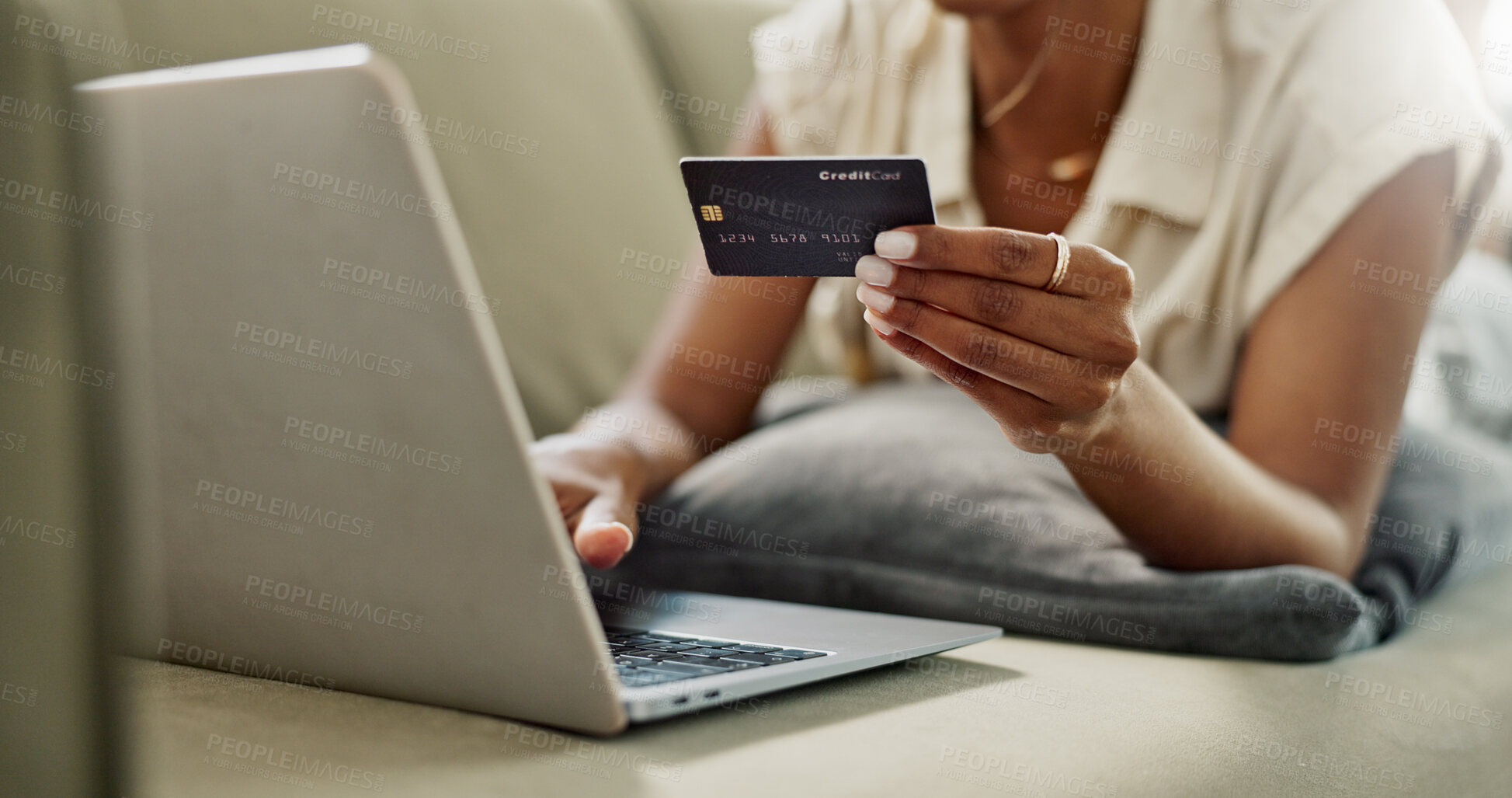 Buy stock photo Credit Card, laptop and hands of woman online shopping for discount deal, financial purchase or ecommerce choice. Debit, easy payment and closeup customer typing banking password on home lounge couch