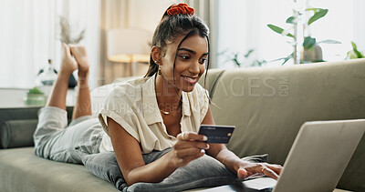 Buy stock photo Credit Card, laptop and happy woman typing online shopping password, code or web search for ecommerce discount deal. Digital money exchange, easy sales payment or omnichannel customer banking at home