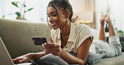 Credit Card, laptop and happy woman relax, online shopping and check account balance, sales promotion or bank value. Digital money exchange, easy payment or Indian customer buying on home lounge sofa