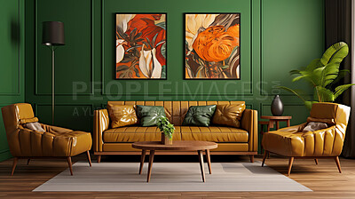 Green living room sofa design with decor. Modern interior layout idea concept