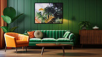 Green living room sofa design with decor. Modern interior layout idea concept