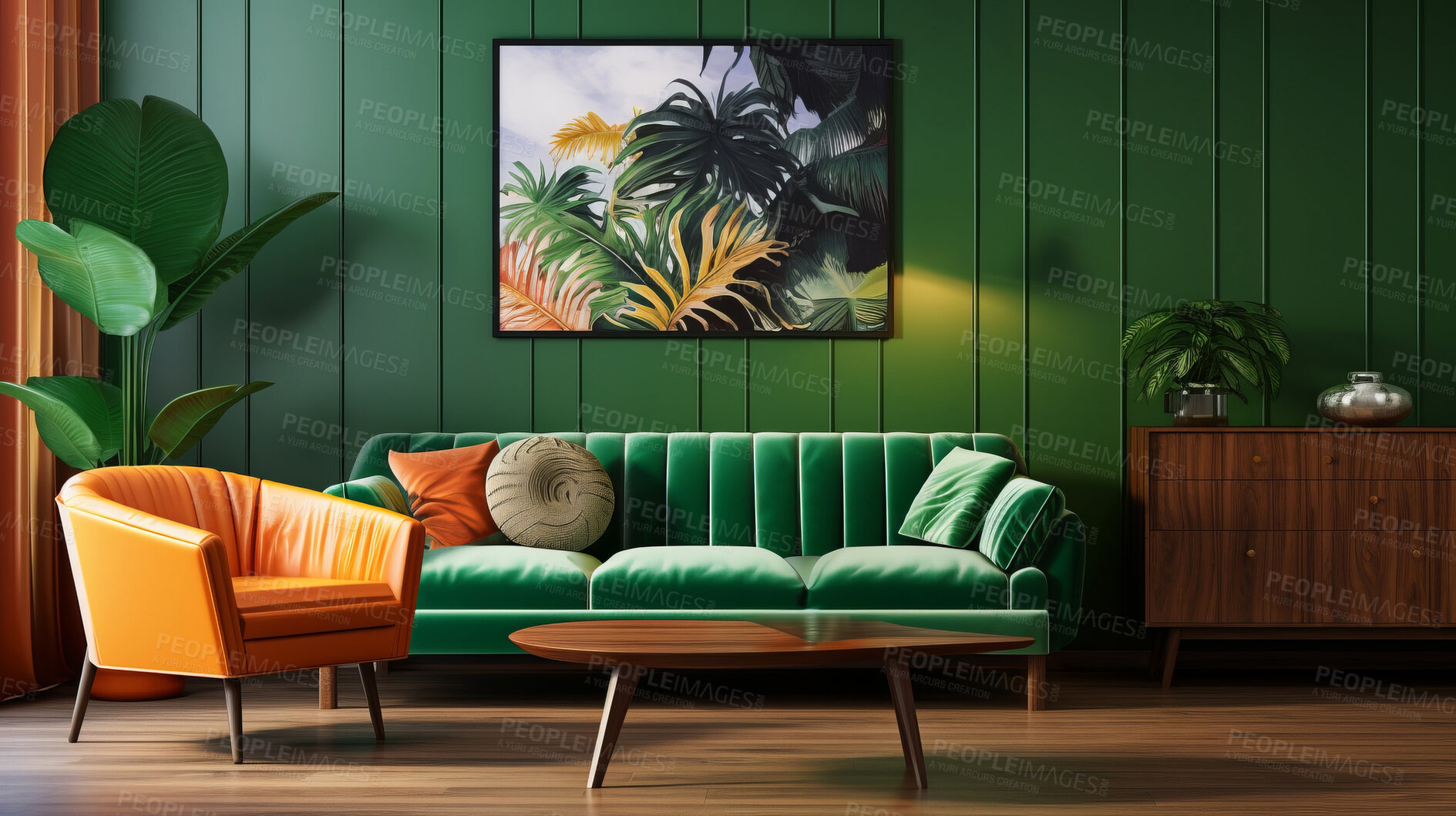 Buy stock photo Green living room sofa design with decor. Modern interior layout idea concept