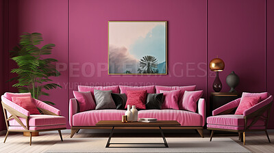 Pink living room sofa design with decor. Modern interior layout idea concept