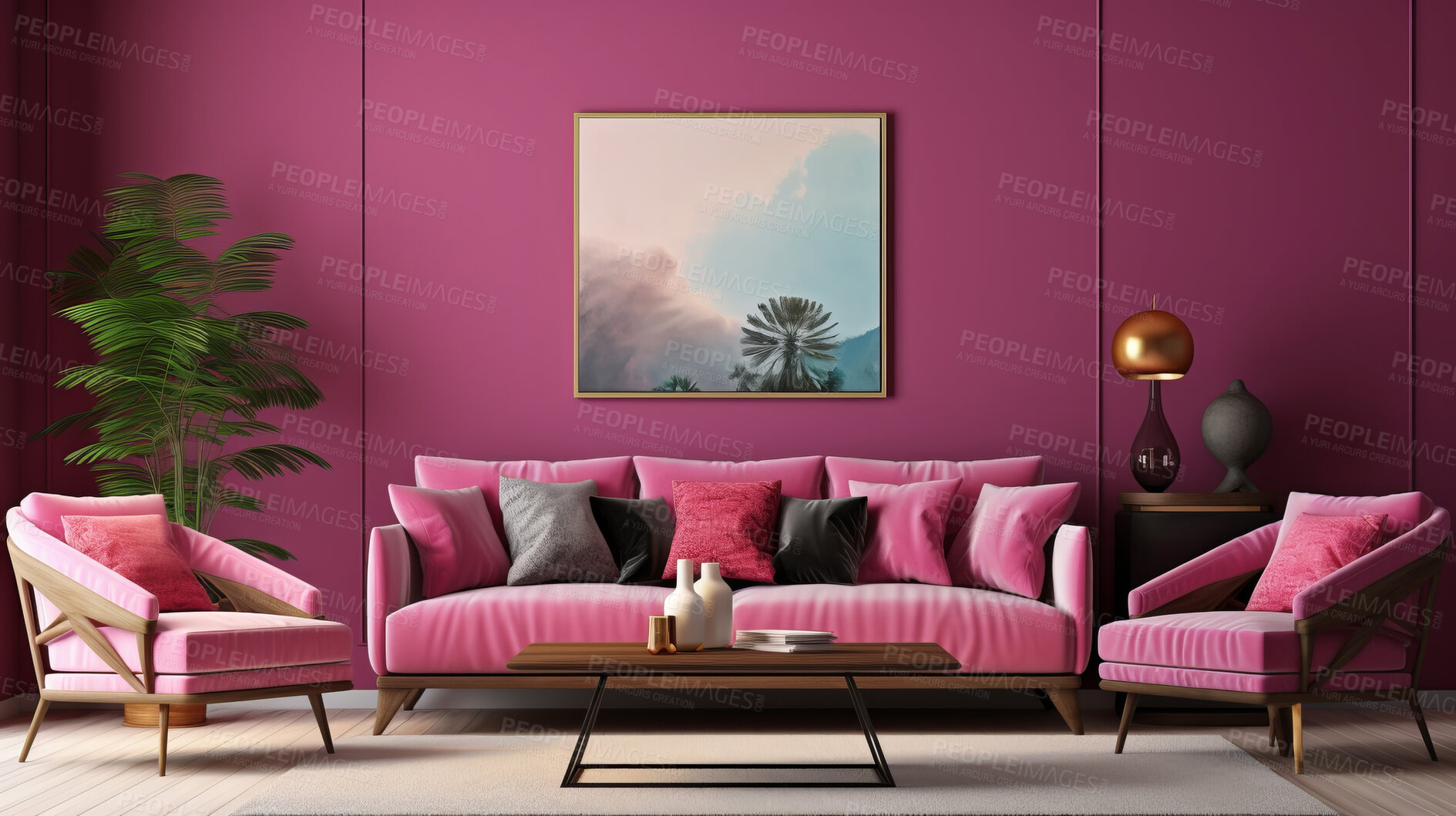 Buy stock photo Pink living room sofa design with decor. Modern interior layout idea concept