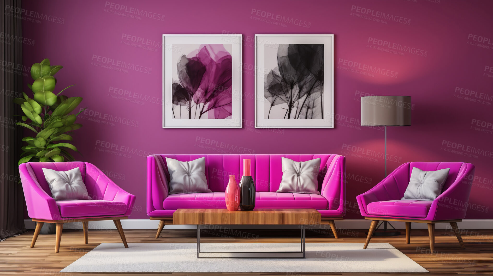 Buy stock photo Pink living room sofa design with decor. Modern interior layout idea concept