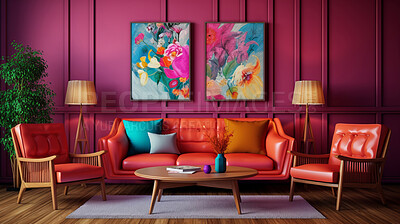 Buy stock photo Pink living room sofa design with decor. Modern interior layout idea concept