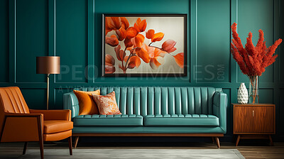 Buy stock photo Teal living room sofa design with decor. Modern interior layout idea concept