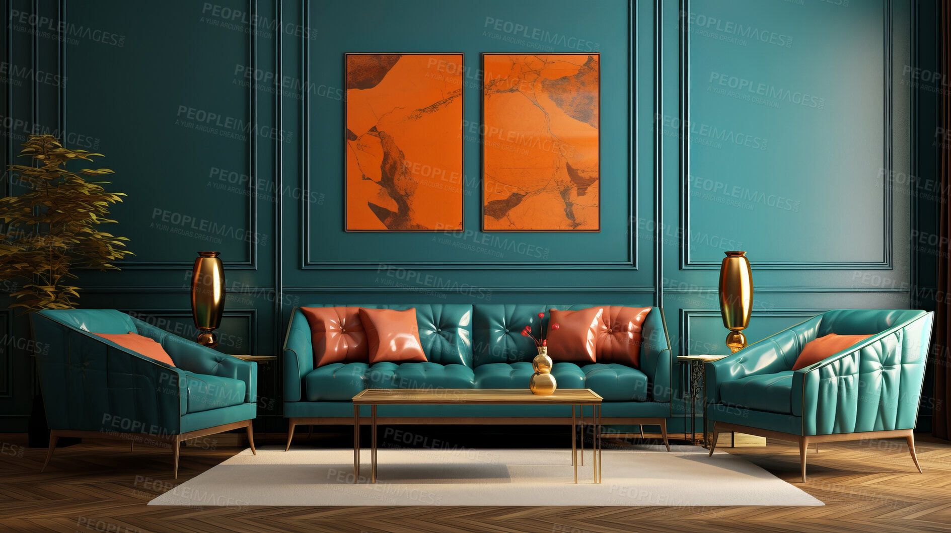 Buy stock photo Teal living room sofa design with decor. Modern interior layout idea concept