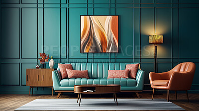 Teal living room sofa design with decor. Modern interior layout idea concept