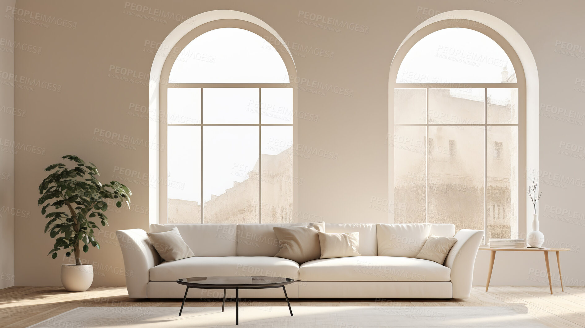 Buy stock photo Living room sofa design with decor. Modern interior layout idea concept