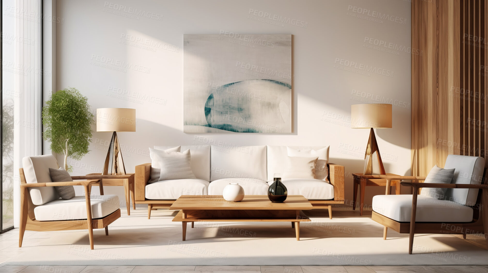 Buy stock photo Living room sofa design with decor. Modern interior layout idea concept