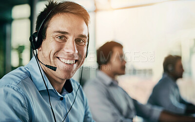 Buy stock photo Customer service, smile and mockup, portrait of happy man in coworking space consulting with advice at help desk. Phone call, conversation and happiness, callcenter consultant with headset in office.