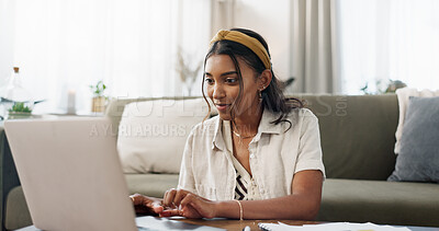 Buy stock photo Home, woman typing on laptop and remote work, internet search or blog in living room. Computer, smile and Indian freelancer in lounge on table, online website or reading email on digital technology