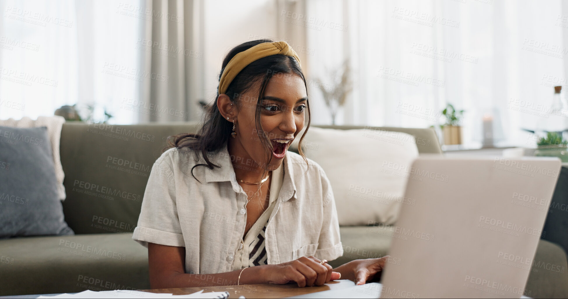 Buy stock photo Wow, laptop and happy woman with remote work success, surprise and good news from email. Shock and job promotion with win achievement and online announcement from app in a living room with winner
