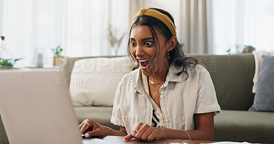 Buy stock photo Wow, laptop and woman with win from remote work success, surprise and good news from email. Shock, happy and job promotion with achievement and online announcement from app in living room with winner