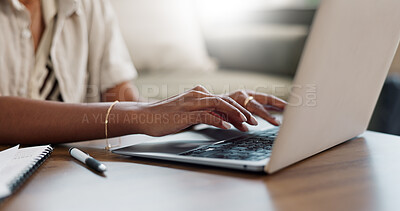Buy stock photo Desk, hands typing and laptop in home for remote work, internet search or blog. Closeup, computer and woman on keyboard at table in living room, writing email and communication on digital technology
