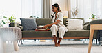Woman, laundry and living room sofa for household spring cleaning, apartment maintenance or fresh home. Indian person, proud or clothes lounge for happy linen, sanitary hygiene or tidy washing fabric