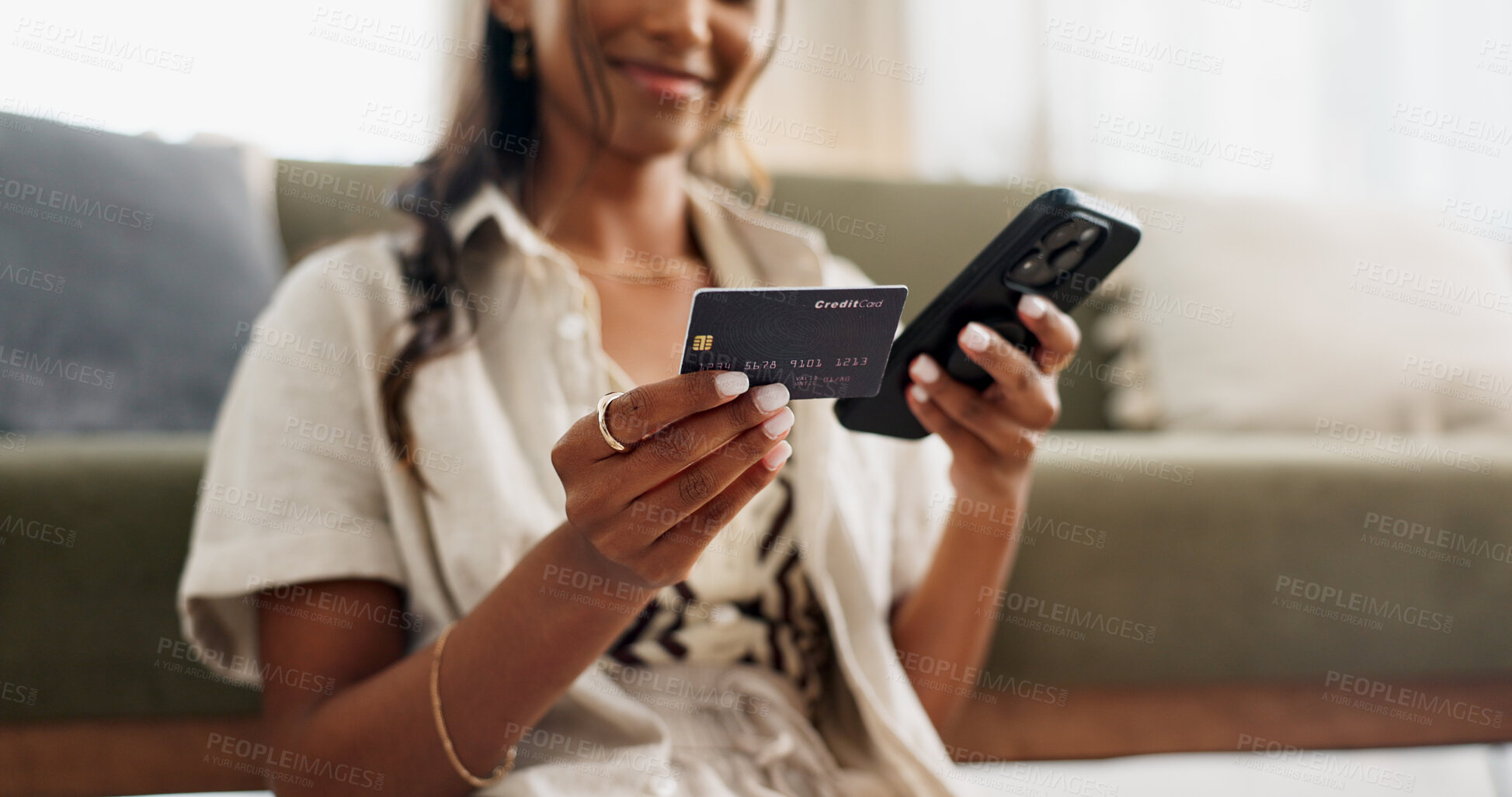 Buy stock photo Happy woman, hands and phone with credit card for payment, online shopping or transaction in living room at home. Closeup of female person or shopper on mobile smartphone with debit for ecommerce