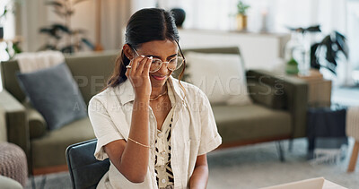 Buy stock photo Woman, headache or pain for vision in home with burnout, focus fail and fatigue in living room of home. Person, employee and problem with ache, risk or mental health in lounge of house or remote work