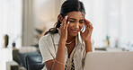 Laptop, headache or stress and a student woman in the living room of her home with study problems. Computer, anxiety or education and a young person having trouble with university or college exams