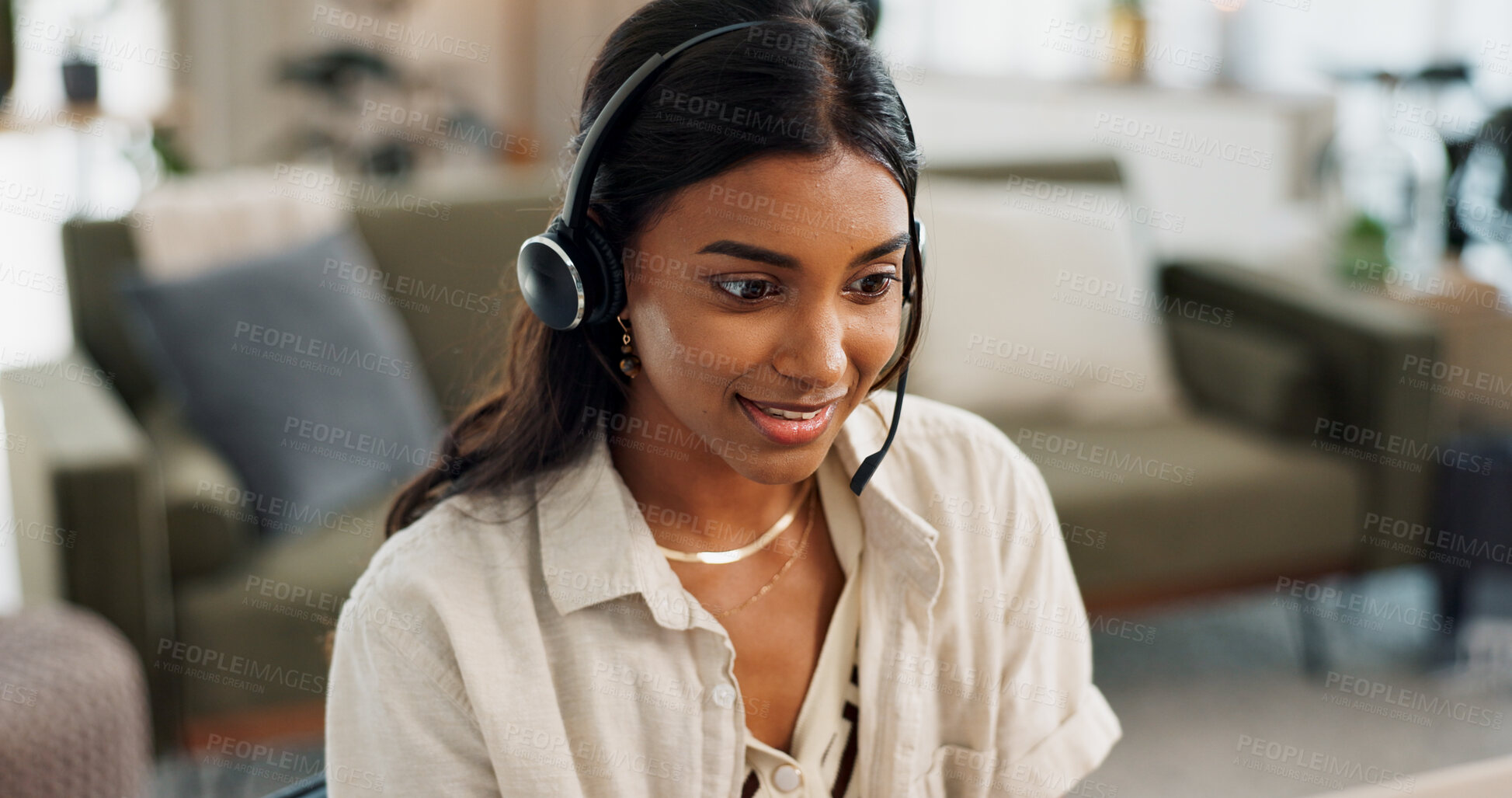 Buy stock photo Happy woman, call center and headphones in remote work, customer service or telemarketing at home office. Face of female person, consultant or freelance agent smile for online advice, CRM or help