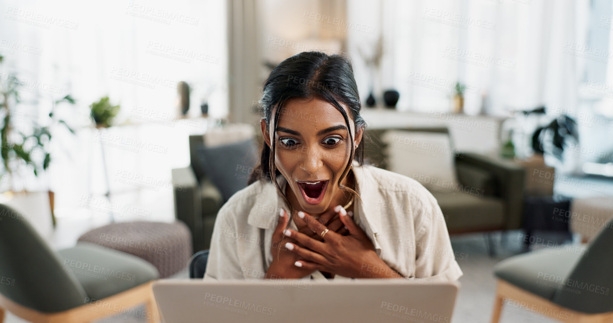 Buy stock photo Excited woman, laptop and surprise for good news, winning or bonus promotion at home office. Shocked female person or freelancer smile in wow or omg for lottery, prize or sale discount on promo deal