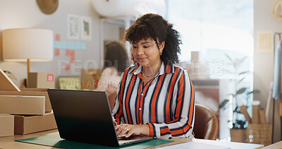 Buy stock photo Small business, research and happy woman with laptop in office for logistics, sales or ecommerce. Supply chain, face and female store owner online for communication, cargo or retail stock procurement