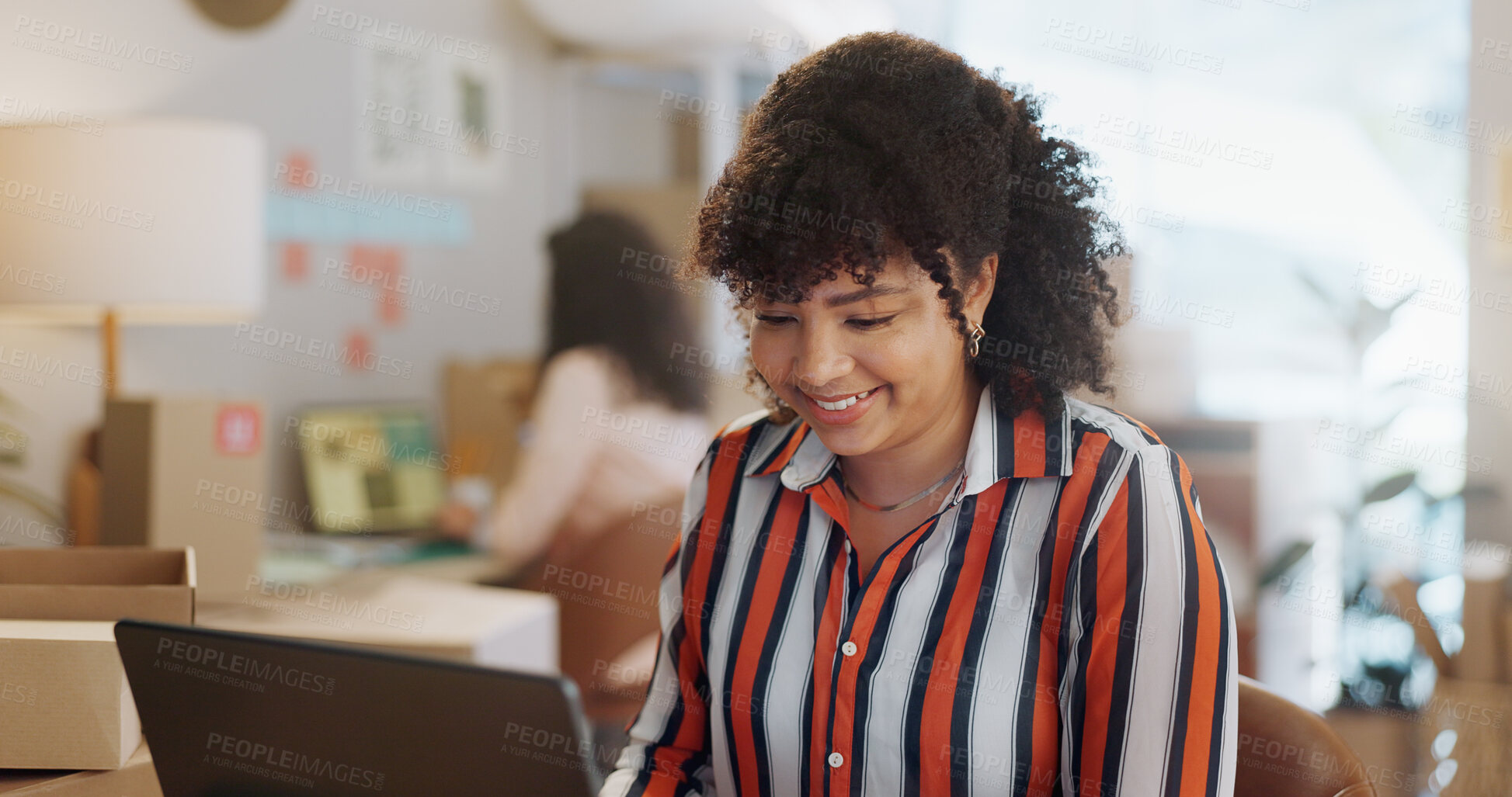 Buy stock photo Distribution, supply chain and woman on laptop with box for delivery, logistics and small business. Ecommerce, online shopping and person on computer for website, planning and shipping inventory