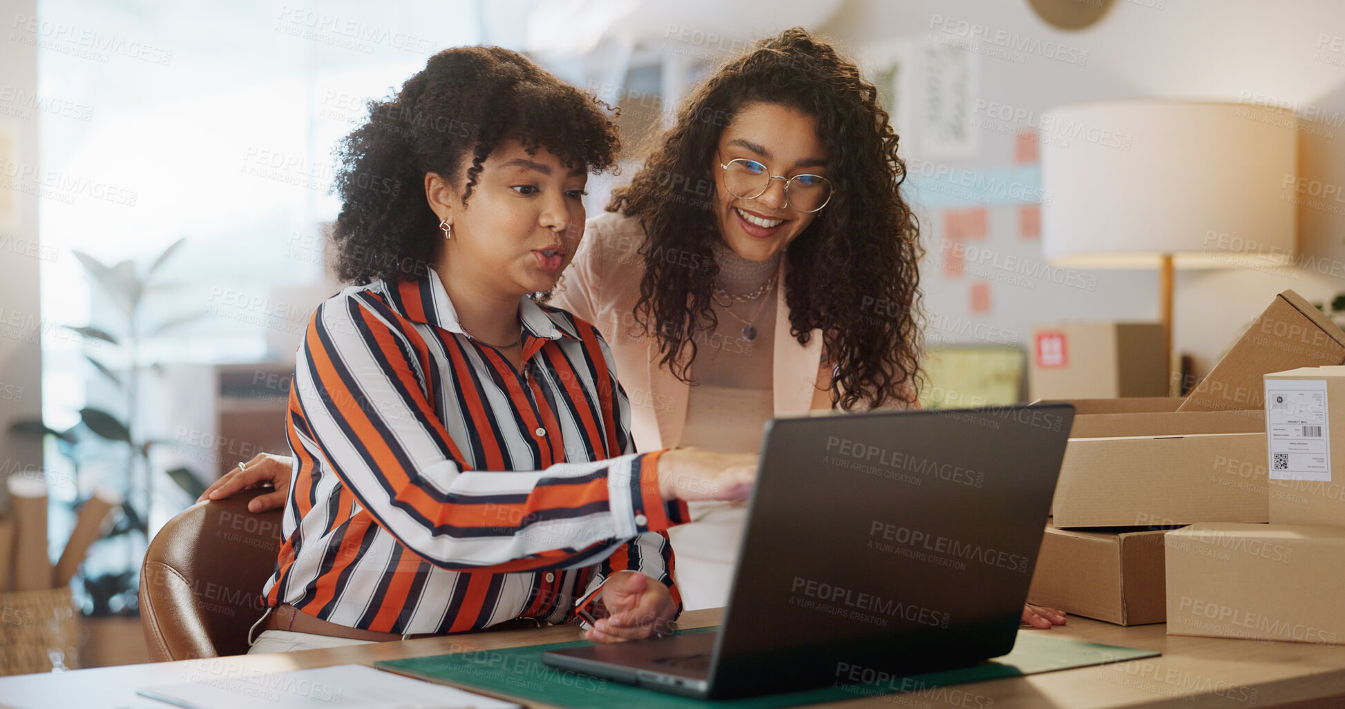 Buy stock photo Businesswoman, laptop and strategy for logistics in office for planning of delivery for retail store. Female entrepreneur, collaboration and discussion of best route for package distribution in city