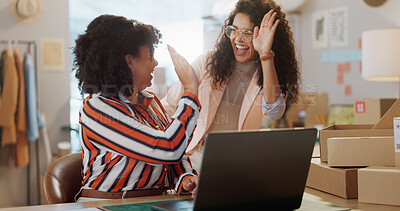 Buy stock photo Happy woman, team and high five in logistics for small business success, fashion design or boutique. Female person smile touching hands in teamwork for achievement, sale or promotion at retail store