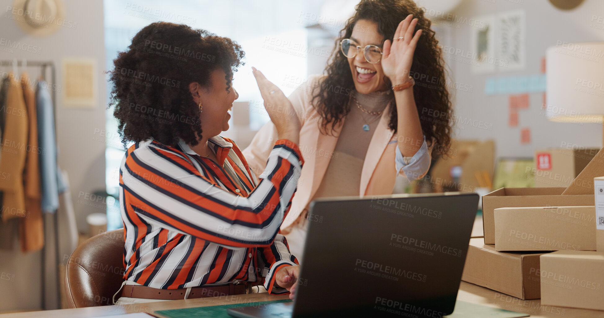 Buy stock photo Happy woman, team and high five in logistics for small business success, fashion design or boutique. Female person smile touching hands in teamwork for achievement, sale or promotion at retail store