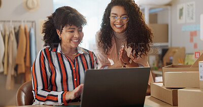 Buy stock photo Teamwork, happy and women with laptop for fashion designer, supply chain and ecommerce startup. Small business, online shopping and people celebrate sale on computer for website, order and shipping