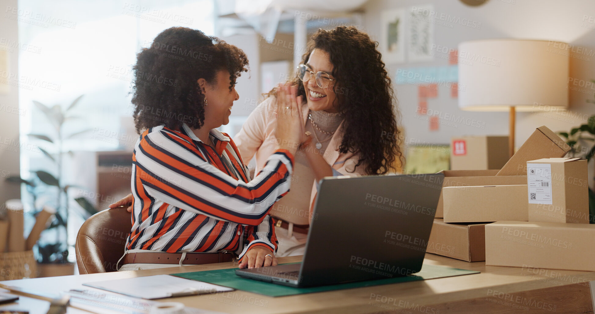 Buy stock photo Happy woman, team and high five with laptop in small business success, fashion design or logistics at boutique. Female person touching hands in teamwork for achievement, sale or promo at retail store